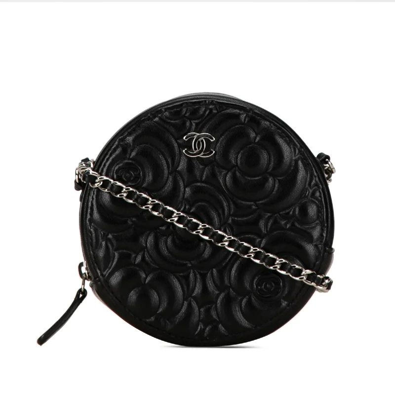 Chanel bags with gold, silver, and pearl accentsBlack Chanel Goatskin Camellia Round Clutch with Chain Crossbody Bag