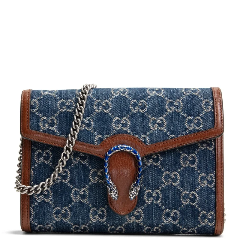 Women Gucci bags with interlocking G hardware for a classic lookGUCCI Dionysus Denim Small Chain Wallet