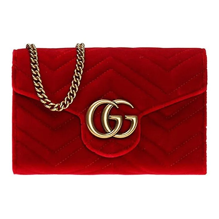 Gucci handbags for women with a back - zip pocket(WMNS) GUCCI GG Marmont Gold Logo Distress Velvet Chain Shoulder Messenger Bag Mini Red 474575-9QIDT-6433