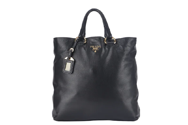 Prada bags with a zippered interior pocket for separating itemsPRADA SHOPPING TOTE (BN1713) LARGE BLACK CALF LEATHER GOLD HARDWARE WITH STRAP AND DUST COVER