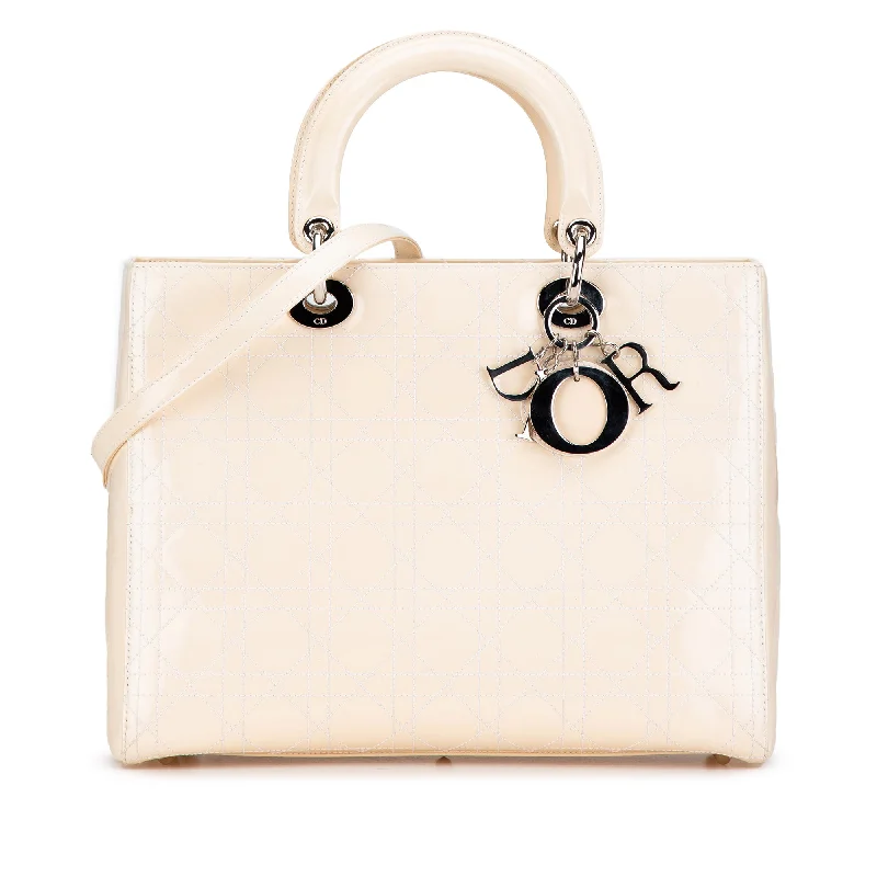 Christian Dior bags with a zip - top closure and multiple compartmentsWhite Dior Large Patent Cannage Lady Dior Satchel