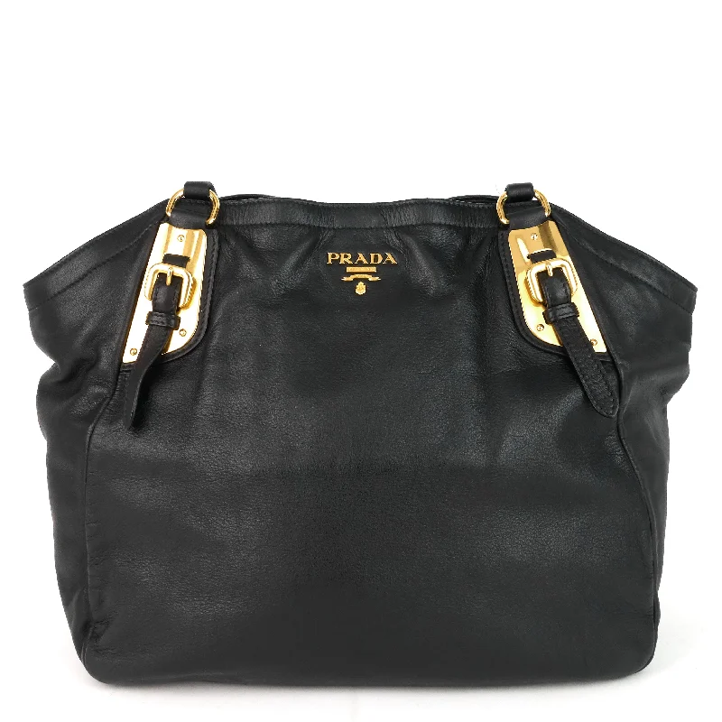 Prada tote bags with a printed Prada logo on the front for brand visibilityConvertible Bucket Soft Calf Leather Bag