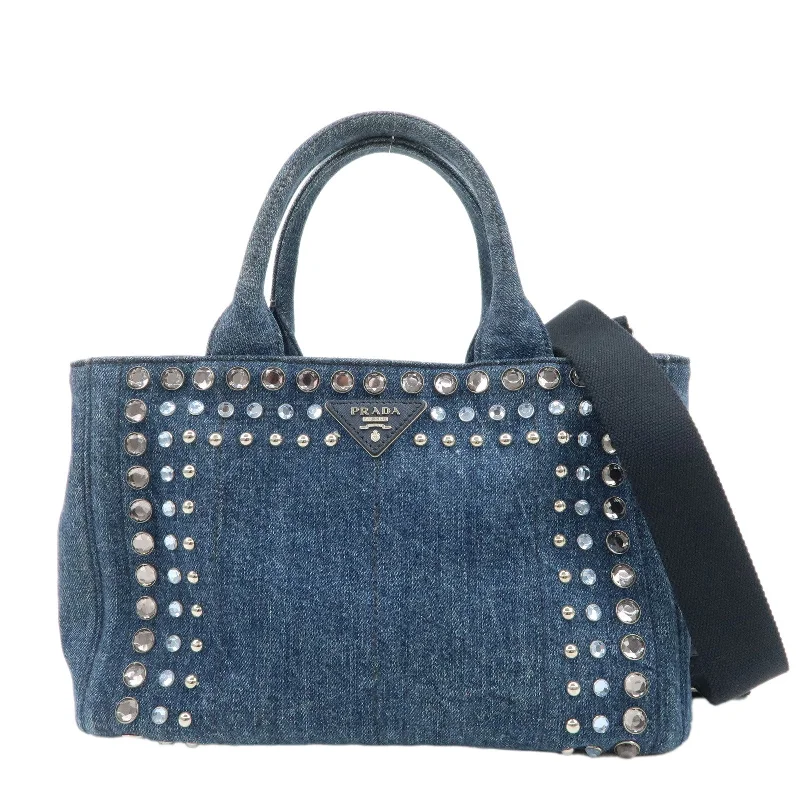 Ladies Prada Galleria bags with gold - toned hardware for a luxurious touchPRADA Logo Canapa Mini Denim Bijou 2Way Tote Bag Denim Blue 1BG439