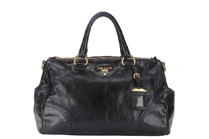 Prada bags with a back - zip pocket for storing valuables securelyPRADA VITELLO SHINE DOUBLE ZIP BLACK GOLD HARDWARE WITH STRAPS AND DUST COVER