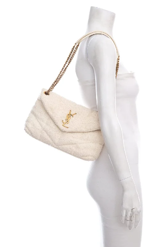 Yves Saint Laurent bags with iconic YSL logoYSL Cream Boucle Tweed Quilted Loulou Puffer Handbag