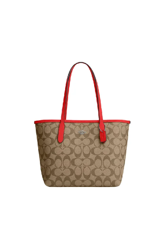 Coach bags with a back - zip pocket for storing valuables securelyCoach Mini City Tote Bag In Signature Canvas In Khaki Miami Red CN733