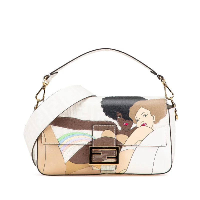 Fendi Baguette bags with a detachable shoulder strap for hands - free convenienceWhite Fendi Zucca Graphic Print Coated Canvas Bikini Girls Baguette Satchel