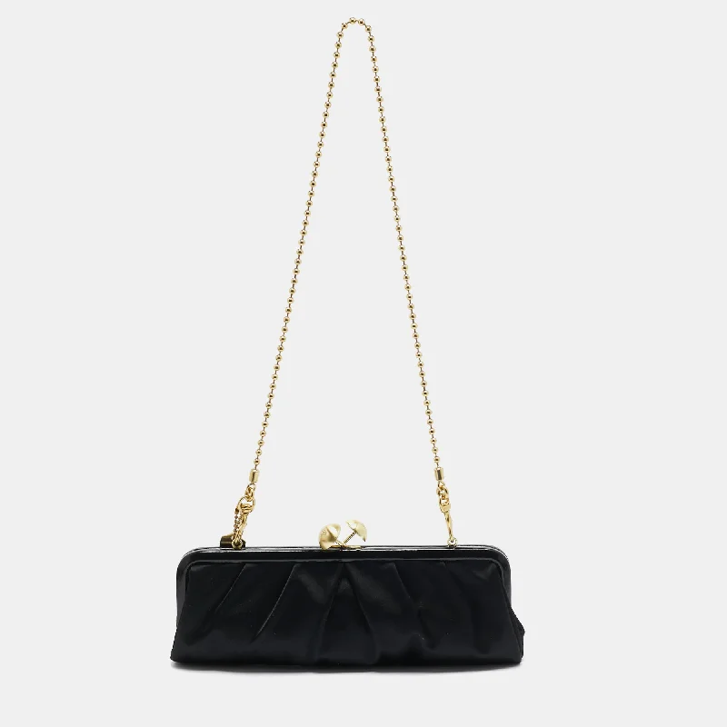 Coach Dempsey bags with a crystal - embellished C - logo for added luxuryBlack Satin and Patent Leather Kiss Lock Chain Clutch