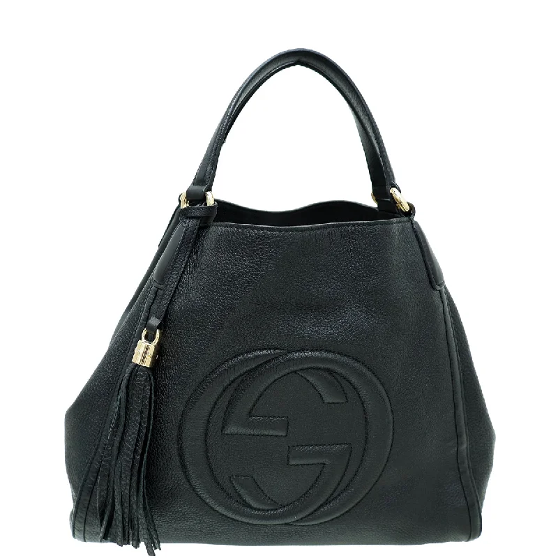 Women Gucci Sylvie bags with a leather - wrapped handleGucci Black Soho Tassel Tote Medium Shoulder Bag