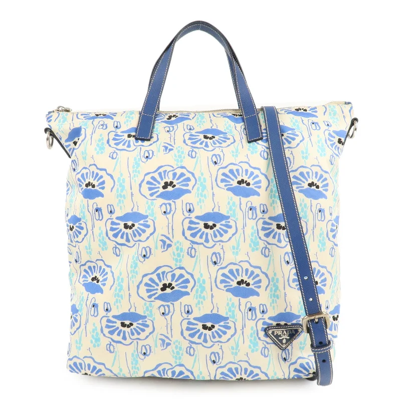 Prada bags with a chain - link trim and a leather body for a modern and stylish edgePRADA Nylon Leather 2Way Tote Bag White Blue