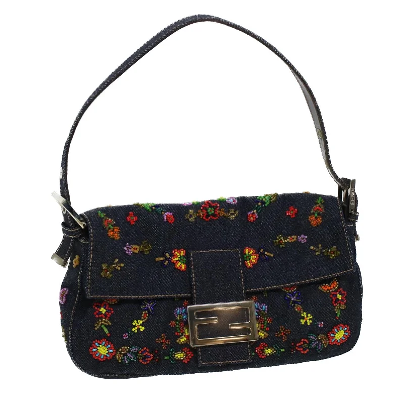 Fendi bags with a detachable mobile phone holder for on - the - go connectivityFENDI Beads Mamma Baguette Shoulder Bag Denim Navy 236826424008  42189