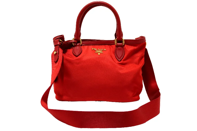 Prada bags with a front - zip pocket for small items like cards and keysAuthentic Prada Red Nylon Tessuto Tote Bag with Strap