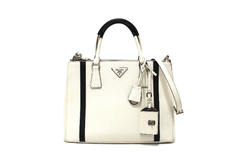 Prada tote bags with a water - resistant coating for outdoor activitiesAuthentic Prada White and Black Bi-color Saffiano Galleria Large Tote Bag