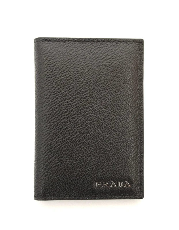 Ladies Prada shoulder bags with a magnetic - closure flap for easy opening and closingAuthentic New Prada Black Calfskin Micro-Grained Leather Bifold Card Holder