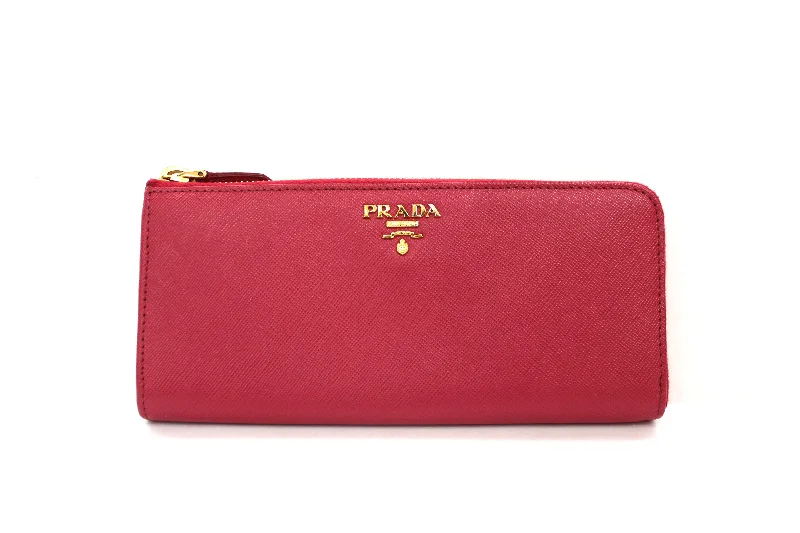 Prada handbags with a patent - leather finish for a shiny and sophisticated appearanceAuthentic Prada Pink Saffiano Leather Zipper Wallet