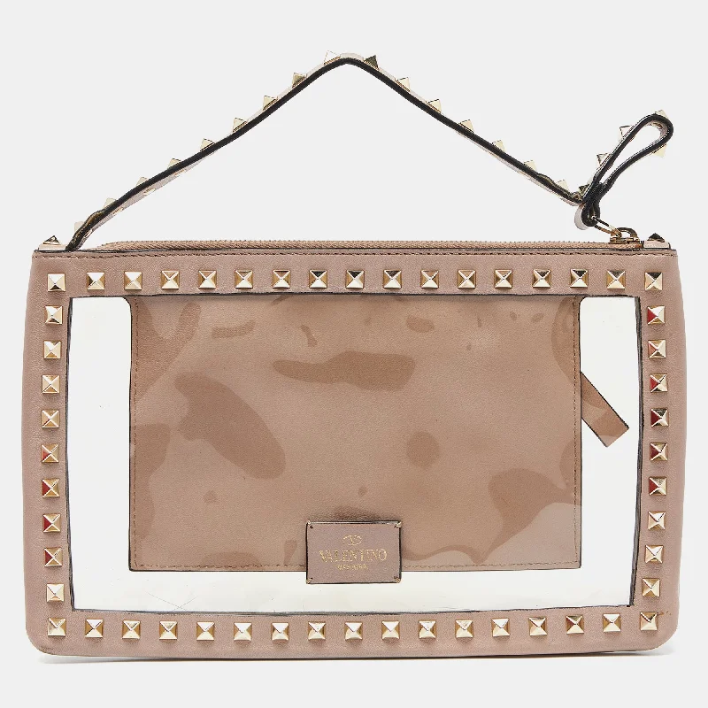 Valentino leather bags for sophisticated looksPink/Transparent Leather and PVC Rockstud Clutch