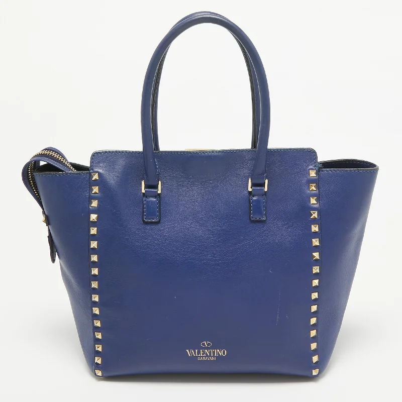 Valentino bags with luxury hardwareBlue Leather Rockstud Trapeze Tote