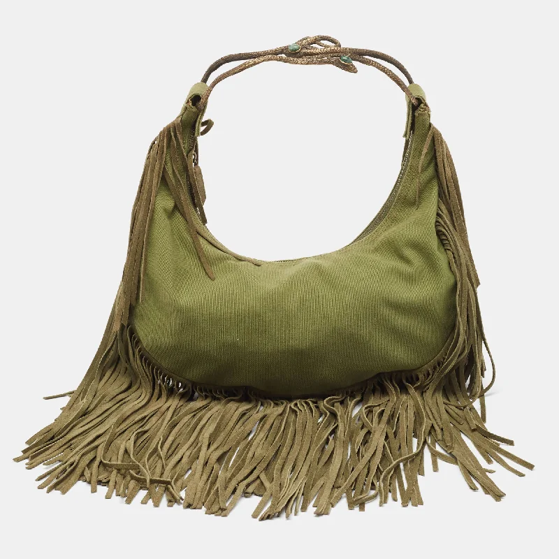 Valentino bags with signature studded accentsMilitary Green Canvas Fringe Hobo