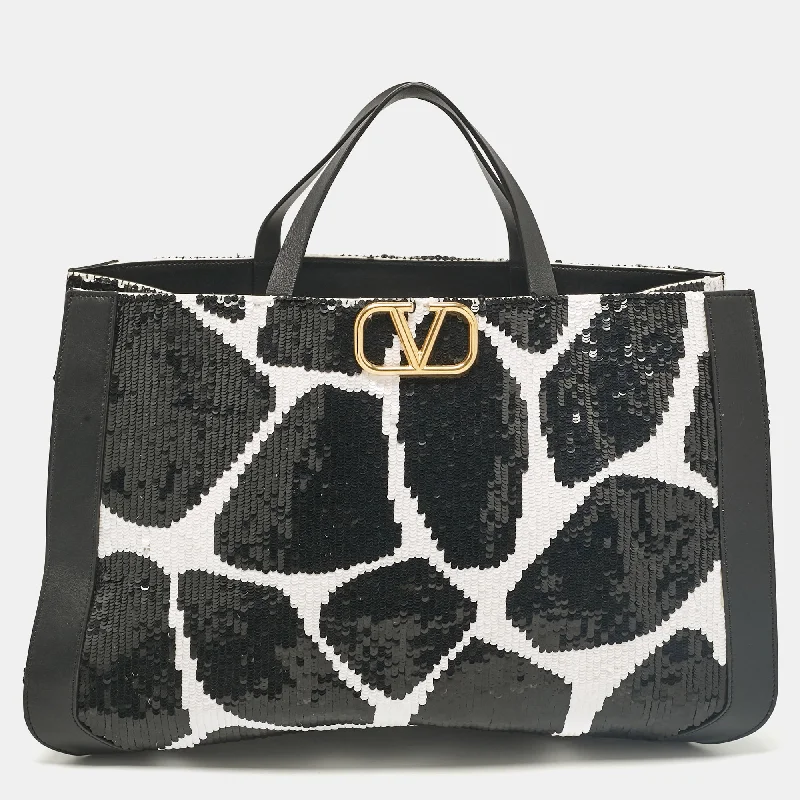 Valentino small bags Black/White Printed Sequins and Leather VLogo Tote