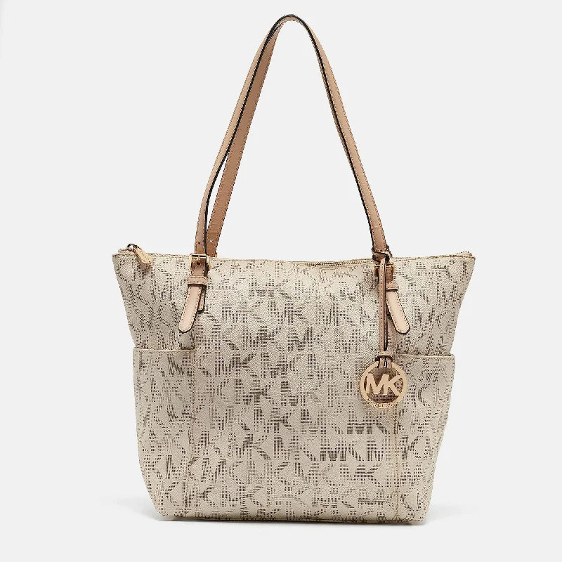 Michael Michael Kors Bags with monogrammed patterns for a personalized feelOff White/Beige Signature Coated Canvas and Leather Jet Set Top Zip Tote