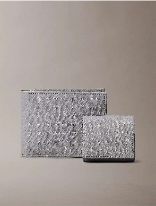 Calvin Klein large bags for work and officeMen's Refined Saffiano Leather Bifold Wallet + Airpods Case Gift Set - Grey