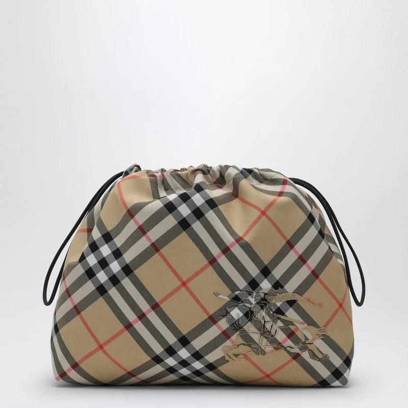 Durable Burberry Canvas Bags for Everyday UseMen's Drawstring Pouch With Check Pattern in Beige | 8091592158564