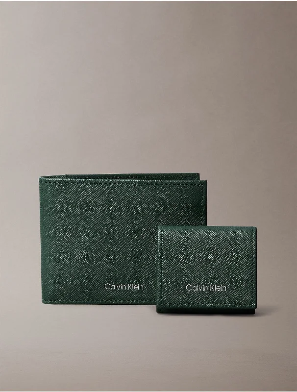 Calvin Klein crossbody bags for travelMen's Refined Saffiano Leather Bifold Wallet + Airpods Case Gift Set - Green