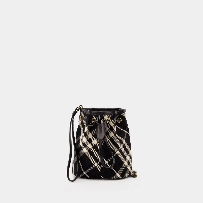 Faux Fur Trimmed Burberry Bags for WinterDrawstring Pouch Bin Shoulder Bag - Burberry - Cotton - Black