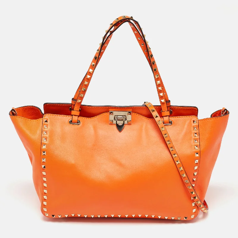 Valentino small bags Neon Orange Leather Medium Rockstud Trapeze Tote