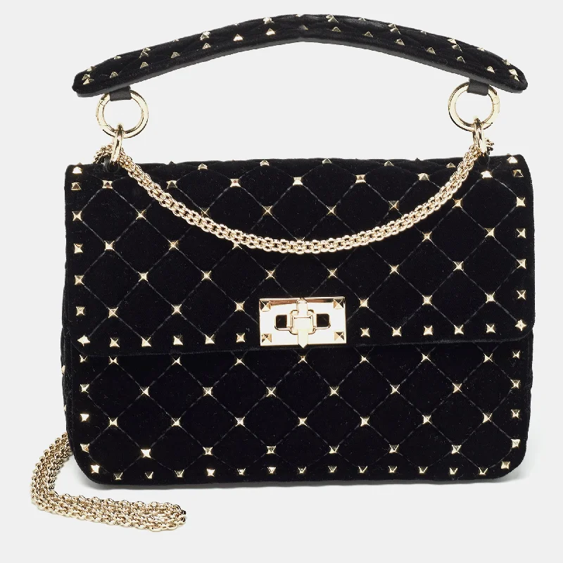 Valentino bags for night-out outfitsBlack Quilted Velvet Medium Rockstud Spike Top Handle Bag