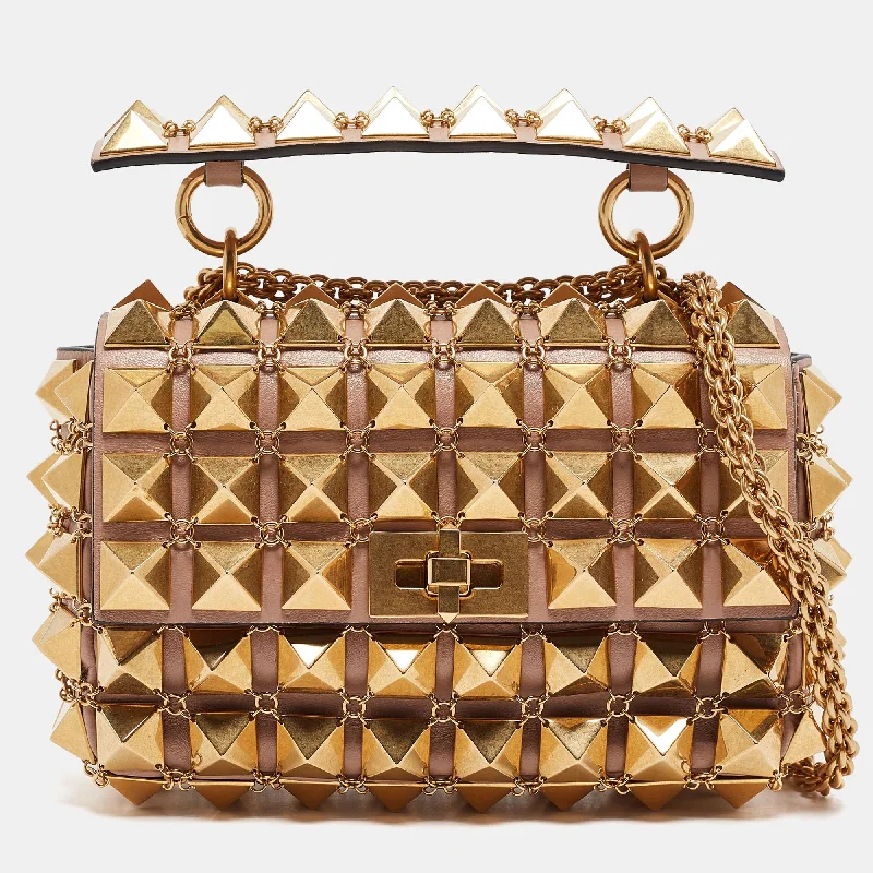 Valentino bags with vintage-inspired designsDusty Pink Leather Small Roman Stud Chain Mail Shoulder Bag