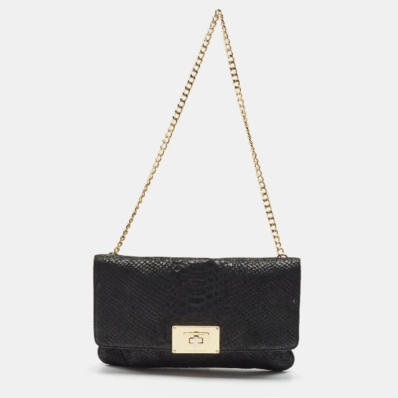 Michael Michael Kors Bags for honeymooners in a romantic styleBlack Python Embossed Leather Turnlock Chain Bag