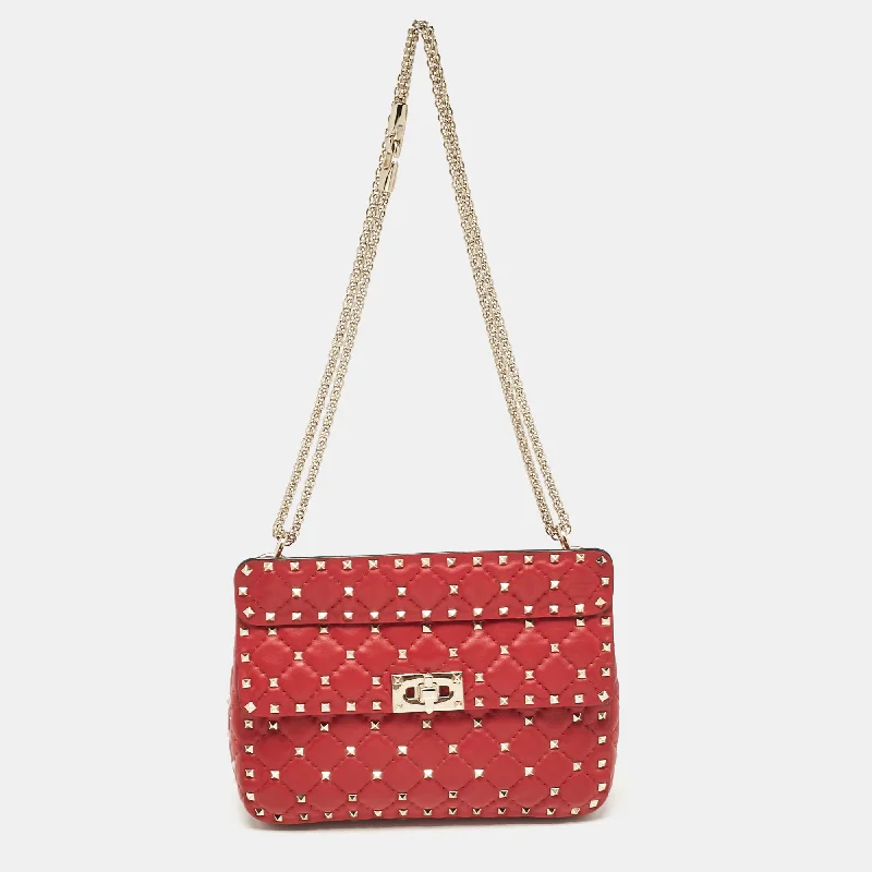 Valentino bags with signature studded accentsRed Leather Medium Rockstud Spike Top Handle Bag