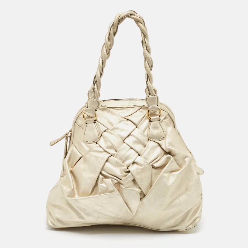 Valentino bags in a variety of leather finishesLight Gold Leather Braided Satchel