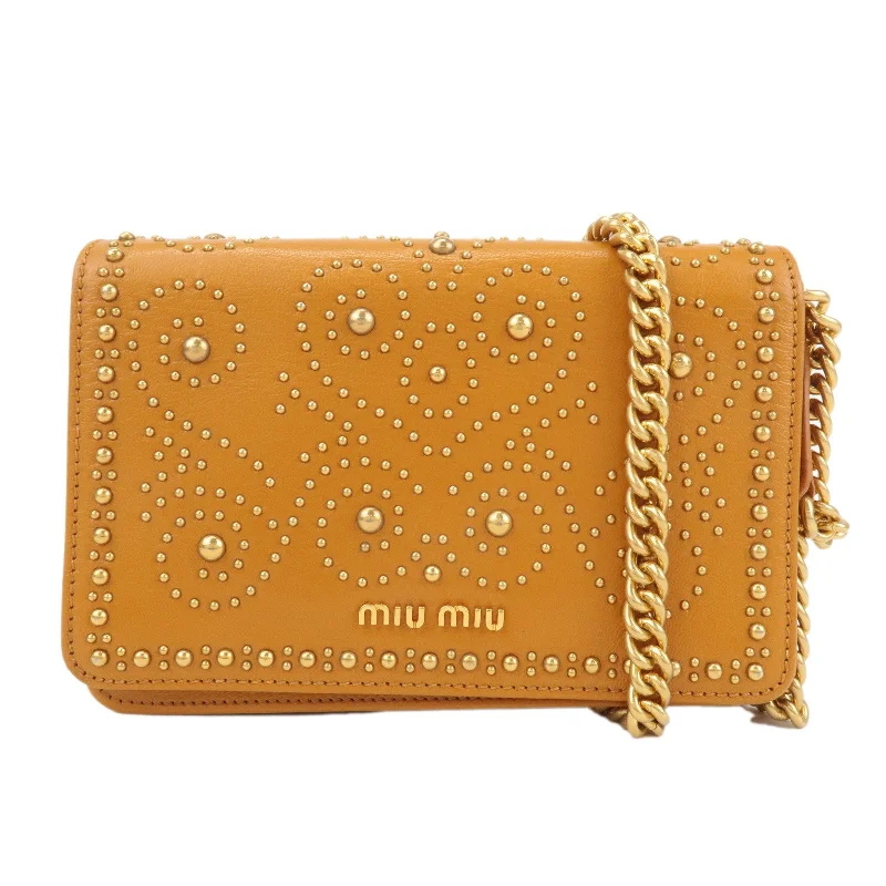 MIU MIU bags with gold-tone hardwareMIU MIU Leather Studs Chain Wallet Shoulder Bag Brown 5BP006