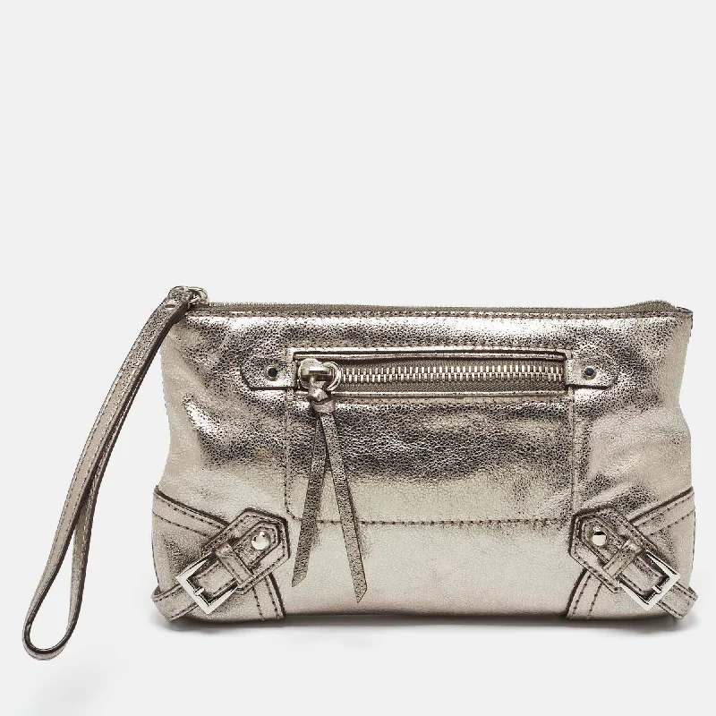 quilted Michael Michael Kors shoulder bags for a textured appearanceMetallic Grey Leather Fallon Wristlet Clutch