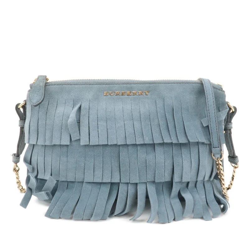 Burberry Bags with Chain Straps for a Chic VibeBURBERRY Leather Suede Chain Sholder Bag Hand Bag Light Blue