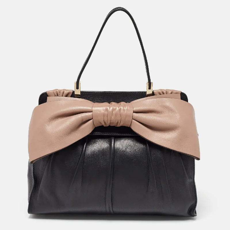 Valentino bags with luxury aestheticBlack/Taupe Leather Aphrodite Bow Top Handle Bag