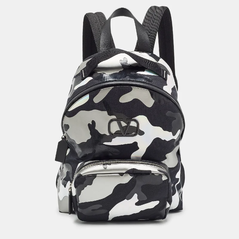 Valentino bags with contrasting color detailsBlack/Metallic Camouflage Fabric and Leather VLogo Backpack