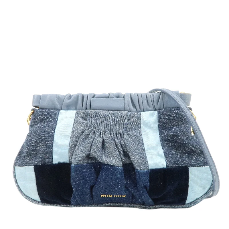 MIU MIU bucket bags with chic appealMIU MIU Denim Velour Leather Patches Shoulder Bag Blue Navy