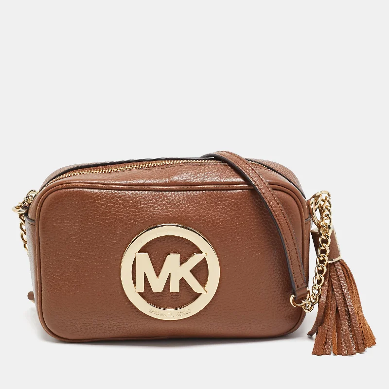 Michael Michael Kors Bags for fashion bloggers to showcase on social mediaBrown Leather Logo Camera Crossbody Bag