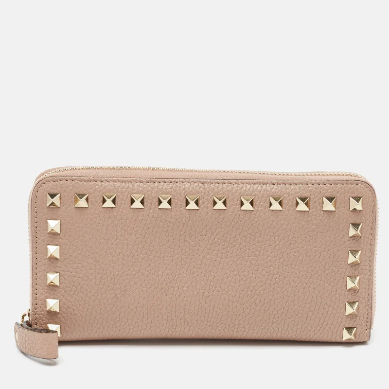 Valentino bags for sophisticated daily wearDusty Pink Leather Rockstud Zip Around Wallet