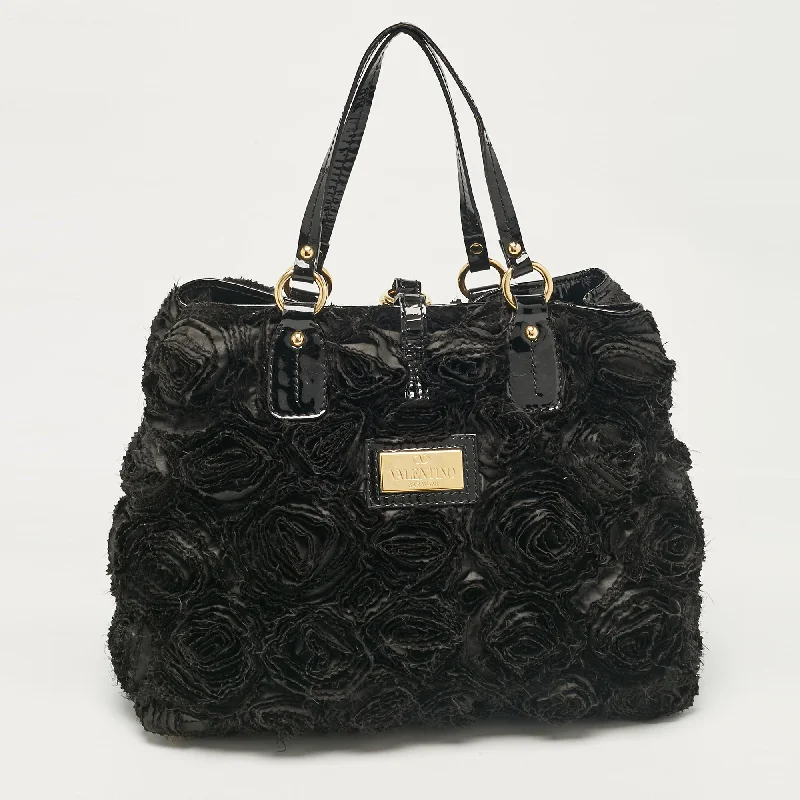 Valentino evening bags with chain strapsBlack Patent Leather and Satin Rose Applique Tote