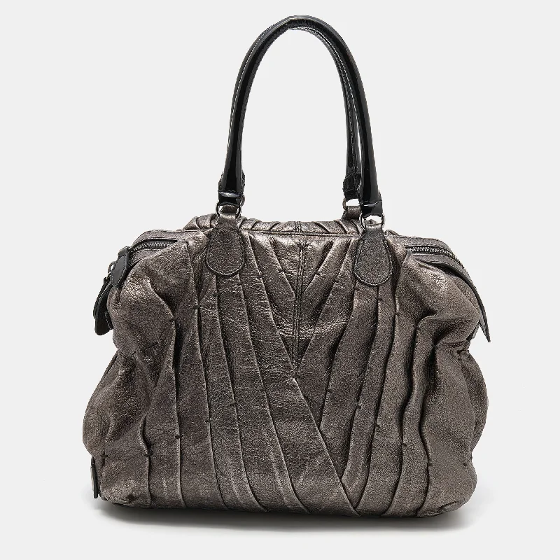 Valentino bags with iconic Rockstud designMetallic Grey Leather Maison Pintucked Shopper Tote