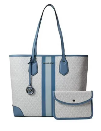 silver - accented Michael Michael Kors handbags for a modern edgeMichael Michael Kors Eva Large Logo Stripe Tote Bag