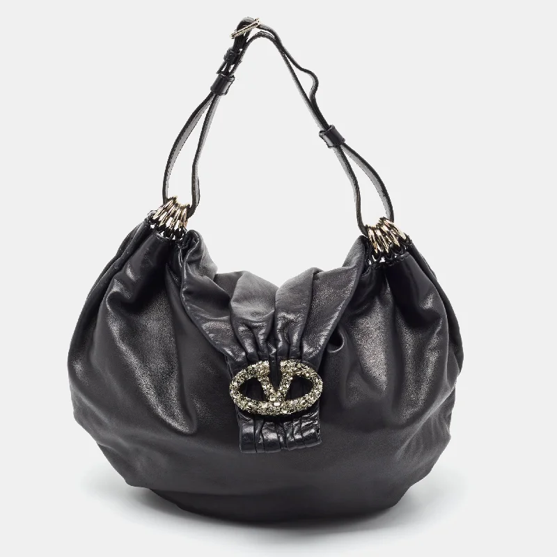 Valentino bags with contrasting color detailsBlack Leather VLogo Crystals Embellished Hobo