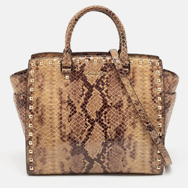 Michael Michael Kors Bags for meditation retreats in a simple and peaceful designBeige Snakeskin Embossed Leather Large Selma Tote