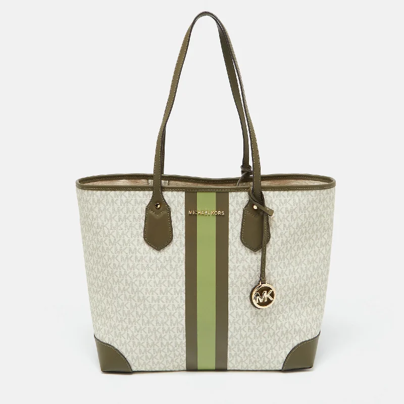 Michael Michael Kors Bags for food festivals with a design that can hold food - related itemsWhite/Green Signature Coated Canvas and Leather Large Jet Set Tote