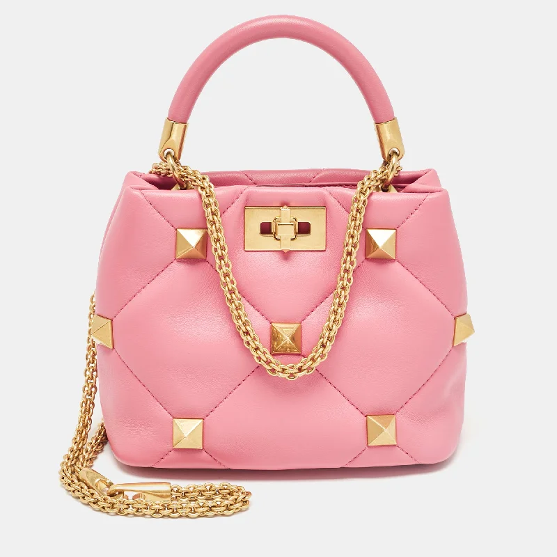 Valentino bags with soft leather texturePink Quilted Leather Small Roman Stud Top Handle Bag