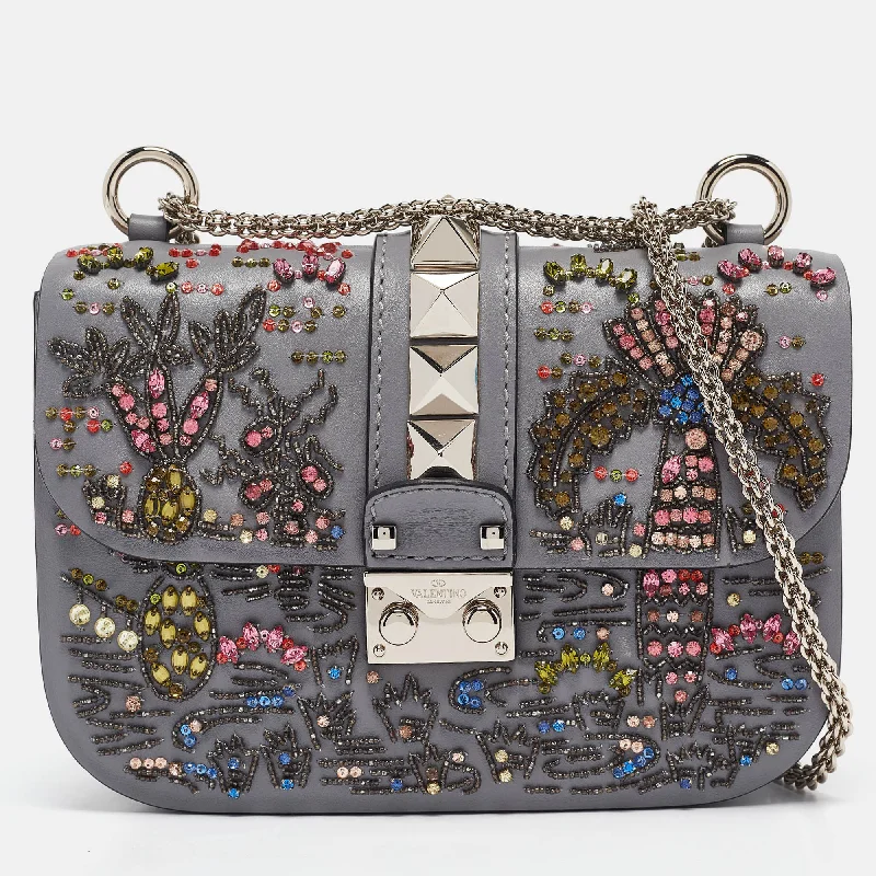 Valentino bags for refined, elegant looksGrey Leather Small Crystal Embellished Rockstud Glam Lock Flap Bag